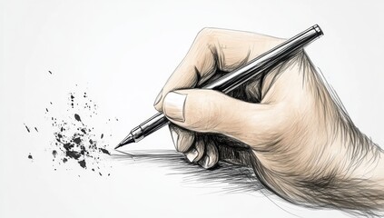 A hand holding an ink pen, writing on paper in black and white with bold lines, focusing on the contrast between a light gray background and dark pencil strokes for texture Generative AI