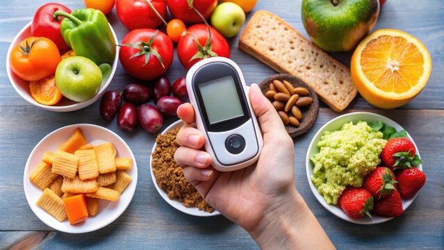 A person's hand holding a glucometer with a normal blood sugar reading on the screen, surrounded by healthy snacks and a fitness tracker.