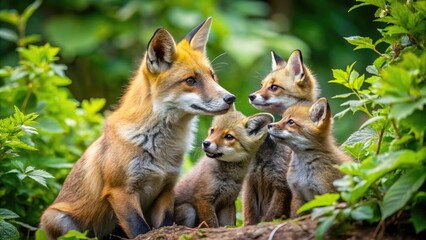 A playful fox mother gently nuzzles her curious kits, surrounded by lush greenery, as they explore and snuggle in their woodland home together.