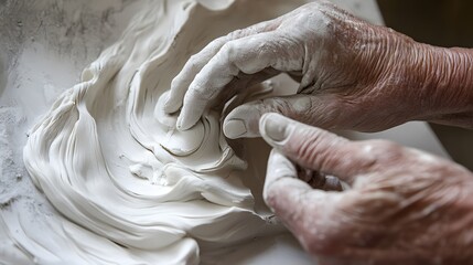 Hand Sculpting Abstract Form: Fingers sculpting an abstract clay form, with emphasis on the hands' interaction with the smooth, flowing shapes.

