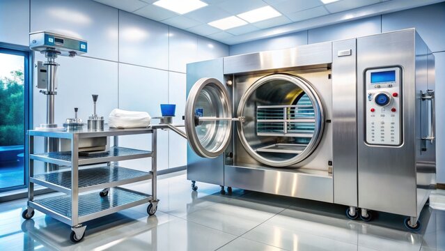 Sleek, modern autoclave sterilizer machine with digital display and stainless steel chamber, surrounded by gleaming medical equipment in a spotless hospital laboratory setting.