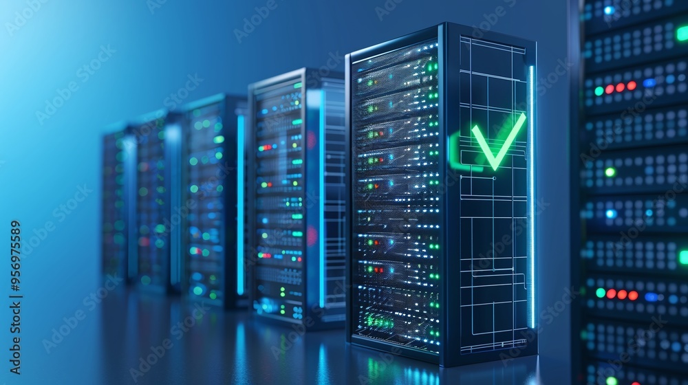Poster modern data center servers in a row with colorful lights, representing cloud computing and digital i
