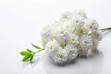 A cluster of white flowers with green leaves on a white surface.