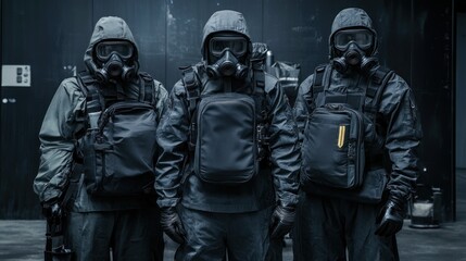 Three People In Hazmat Suits With Backpacks