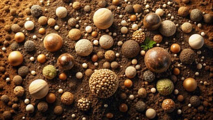 Macro abstract illustration of earthy soil texture, showcasing intricate particles and organic patterns in a natural, earth-toned color palette, ready for vector editing.