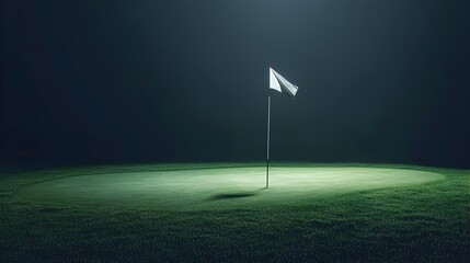 Golf Flag Waving Gently on Green with Hole Visible in Minimal,Iconic Composition