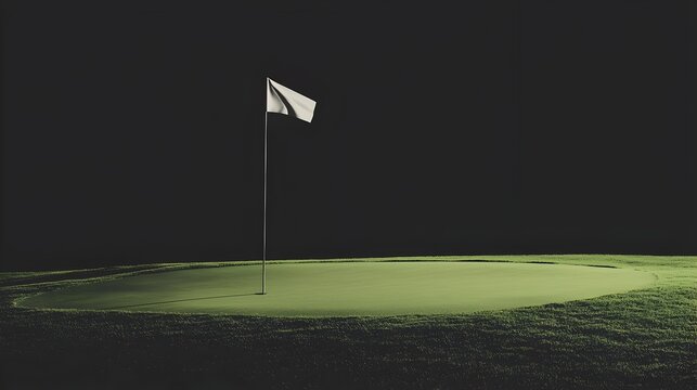 Waving Golf Flag on Green with Hole Against Dark Background