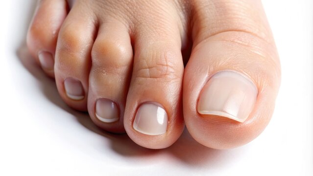 Macro view of a foot with neatly trimmed and polished toenails featuring a subtle shine, set against a soft, white background with gentle shadows.