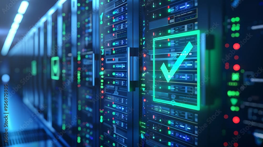 Poster modern data center with server racks, illuminated by green and blue lights, indicating efficient and