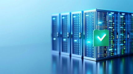 Modern data center with server racks and green checkmark, symbolizing security and reliability in cloud computing and data management.