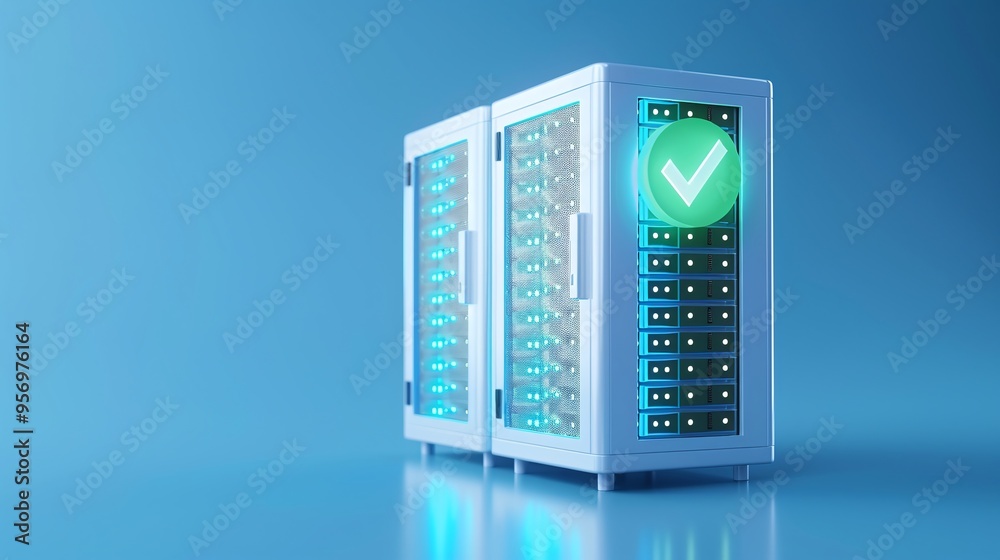 Poster modern data server with a glowing checkmark on the front, emphasized in blue lighting, symbolizing s