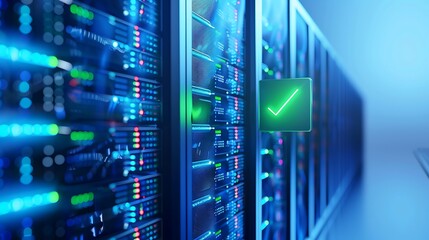 Modern data server room with glowing lights and secure connection indicator, showcasing advanced technology and efficient data management.