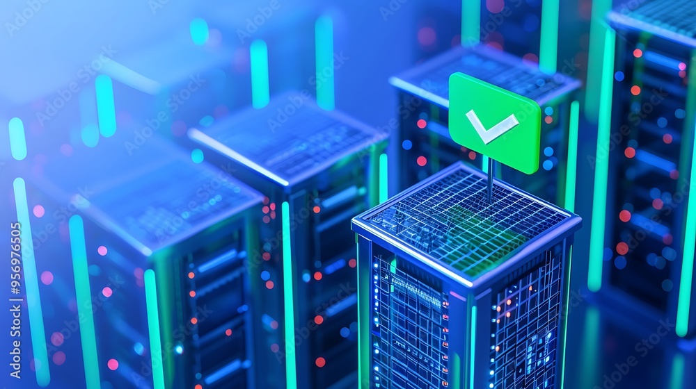 Poster modern server racks with glowing lights in a data center, emphasizing data security and storage tech
