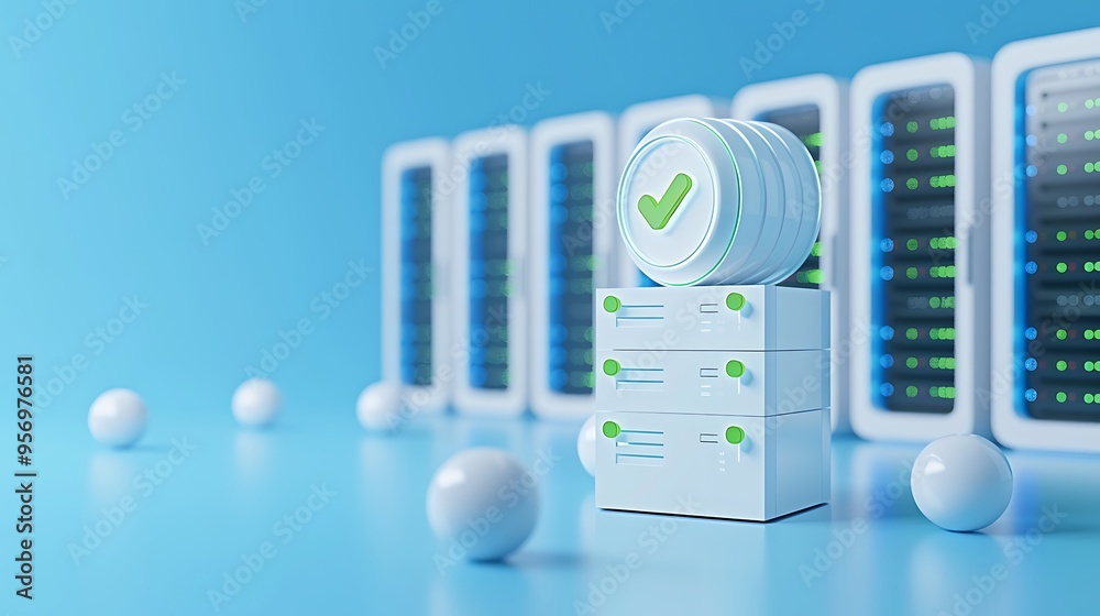 Aufkleber modern server room with cloud computing concept, 3d stacks of data with verification checkmark icons