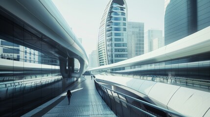 Obraz premium A sleek, futuristic city walkway stretches between towering buildings, blending modern architecture with cutting-edge design principles.
