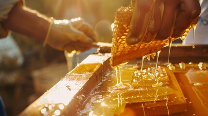 Close-up of honeycombs dripping with golden honey, handled meticulously under warm, sunlit conditions, highlighting the natural richness and sweetness.