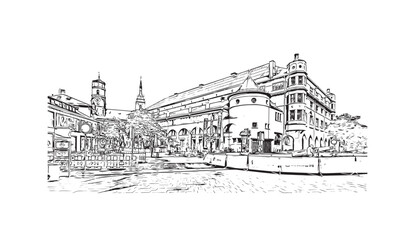 Print Building view with landmark of Stuttgart is the largest city in Germany. Hand drawn sketch illustration in vector.