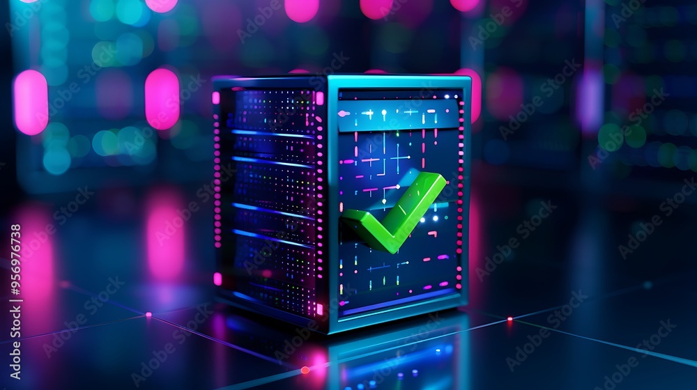 Poster modern server technology with a green checkmark, representing secure data storage in a neon-lit data