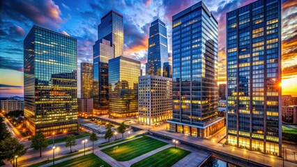 Majestic glass towers of a iconic downtown complex reflect the vibrant city lights and bustling activity of a renowned Midwestern metropolis at dusk.