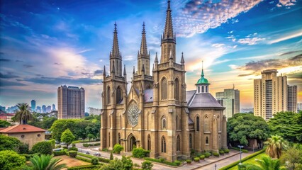 Obraz premium Majestic Jakarta Cathedral stands tall with intricate Gothic Revival architecture, beautiful stained glass windows, and a striking bell tower amidst Jakarta's urban landscape.