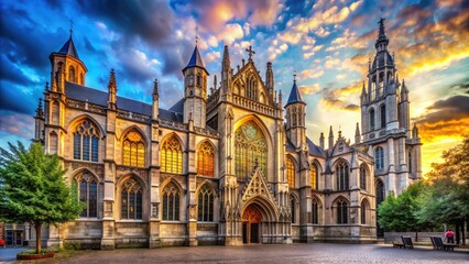 Fototapeta premium Majestic medieval cathedral with intricate stone carvings, stunning stained glass windows, and soaring vaulted ceilings, set amidst picturesque scenery in Antwerp, Belgium.
