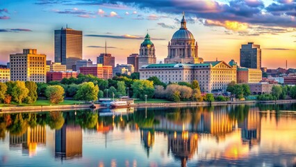 Obraz premium Majestic morning skyline of Saint Paul, Minnesota, featuring the gleaming State Capitol building and towering skyscrapers along the Mississippi River waterfront.