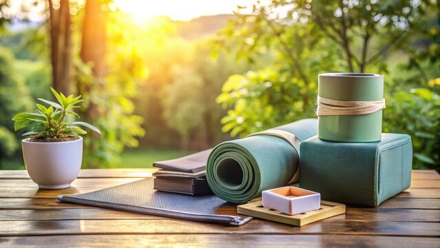 A serene morning scene featuring a yoga mat, blocks, and straps alongside a planner and coffee cup, epitomizing a peaceful balance of wellness and organization.