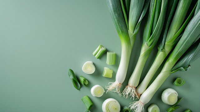 Fresh leeks on soft green background create vibrant and fresh atmosphere.