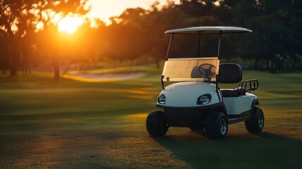Serene Golf Cart Parked on Fairway at Sunset with Tranquil Backdrop
