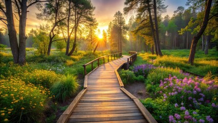 A serene wooden boardwalk meanders through a tranquil forest, surrounded by lush greenery and vibrant wildflowers, in a protected nature reserve at dawn.