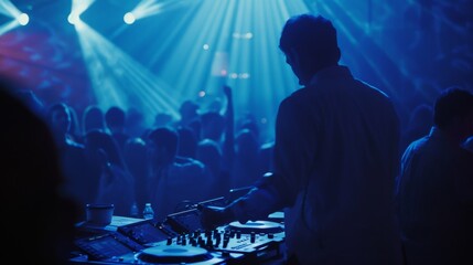 A DJ, silhouetted by moody blue lighting, captivates a packed audience as they dance to the music in an underground club.