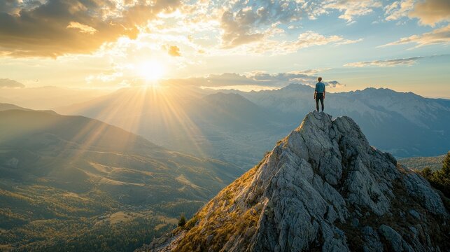 A person standing at the top of a mountain breathing heavily but looking proud, symbolizing personal achievement