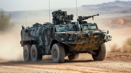 Fototapeta premium Military Armored Vehicle in Desert Landscape