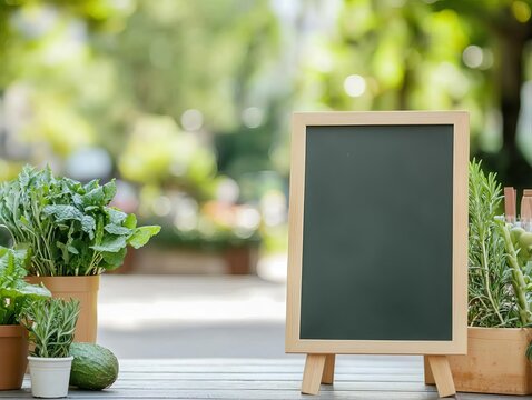 Freestanding green blackboard sign on a wooden stand, ready for custom text or menu displays, green blackboard signage, cafe, street