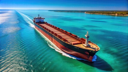 Fototapeta premium Massive cargo ship navigates through calm turquoise waters, loaded with rust-hued iron ore, bound for distant steel mills, under a cloudless blue sky.
