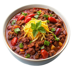 A serving of venison chili isolated on transparent background.