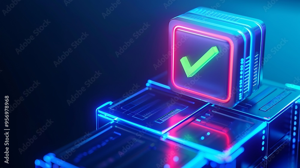 Poster neon-lit tech cube with green checkmark symbolizing digital validation and cyber security in futuris
