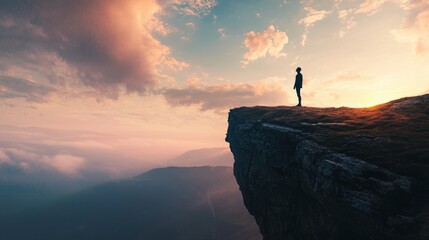 A person standing confidently at the edge of a cliff, ready to jump into the unknown, symbolizing self-trust