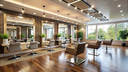 A sleek, modern hair salon with empty chairs, polished floors, and stylish decor, awaiting clients in a serene and upscale atmosphere.