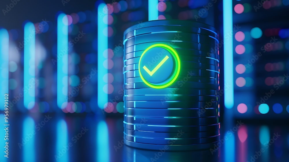 Poster secure data storage concept with server racks in the background and a glowing check mark symbol on a