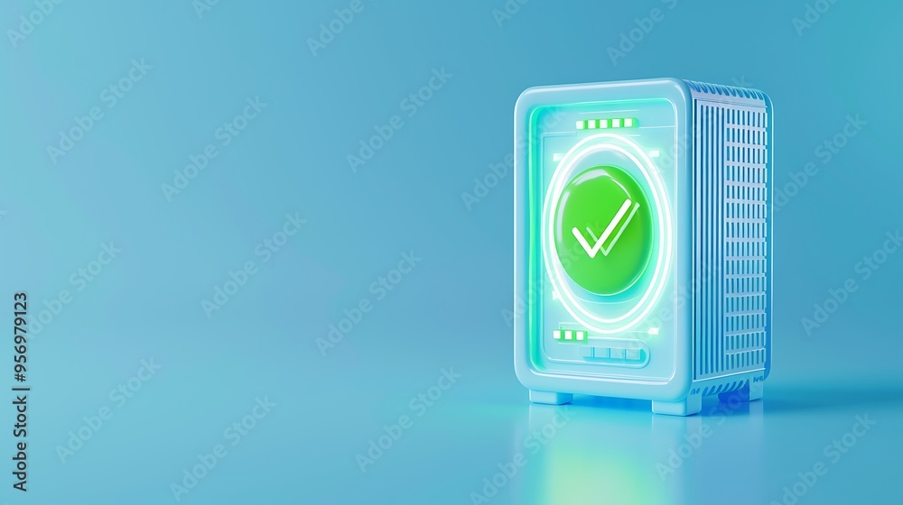 Poster secure data storage concept with a server and green checkmark in futuristic design, representing dat