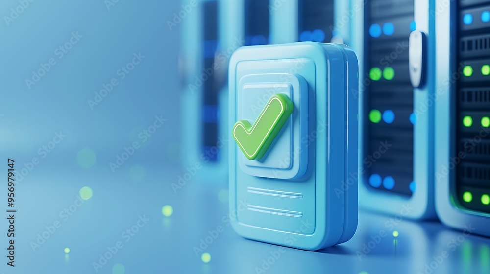Poster secure data storage concept with servers and checkmark symbol, representing data protection and cybe