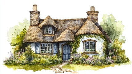 Watercolor illustration of a British cottage with a garden, isolated on white background.