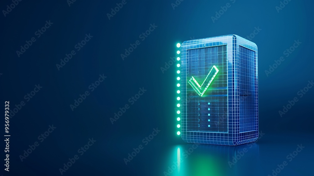 Poster secure server concept with green checkmark, 3d rendering, representing data protection and security 