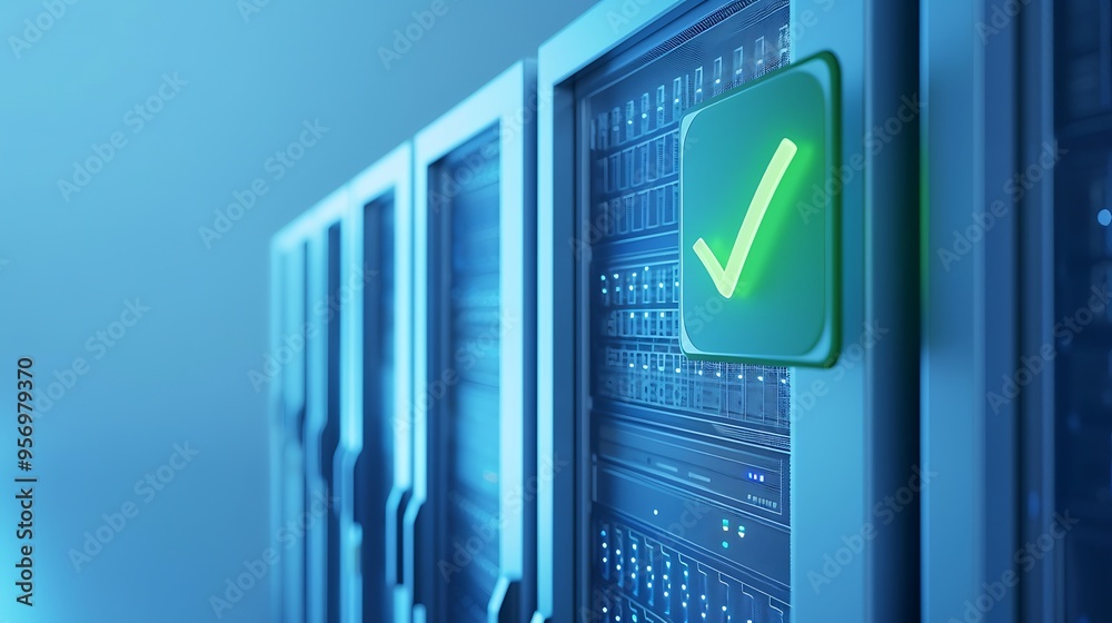 Poster secure server room with data center racks and a glowing green checkmark symbolizing data protection 