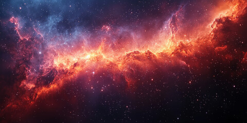 A stunning nebula in the cosmos, with vibrant red and orange hues, twinkling stars, and a dark blue backdrop.
