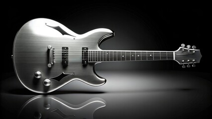 Obraz premium A sleek, silver guitar silhouette serves as a stylized icon, symbolizing music, creativity, and artistic expression, set against a clean, black background.