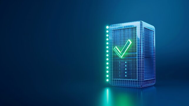 Secure server concept with green checkmark, 3D rendering, representing data protection and security in modern technology.