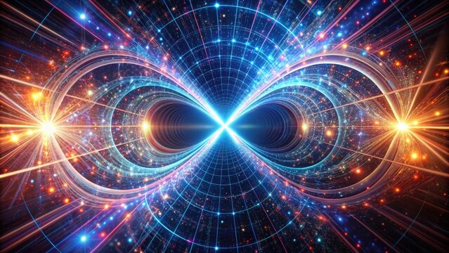 Mesmerizing infinity loop illustration featuring swirling quantum patterns, abstract geometric shapes, and futuristic lights, symbolizing cutting-edge scientific concepts and boundless innovation.