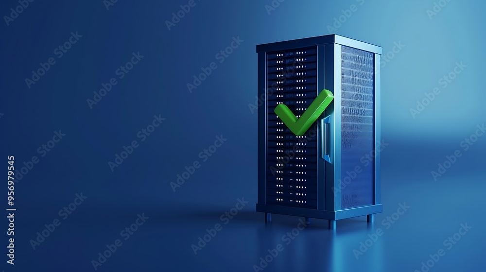 Poster server rack with green check mark representing successful data storage or security validation in a b